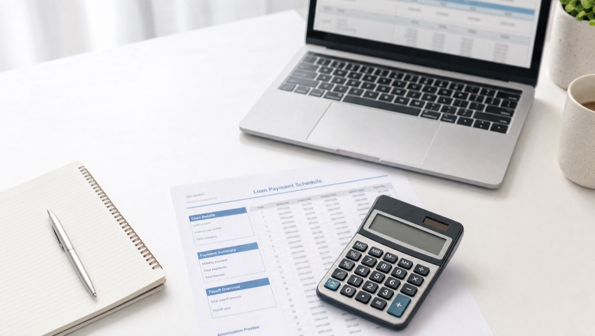 Loan paperwork and calculator on a bright desk